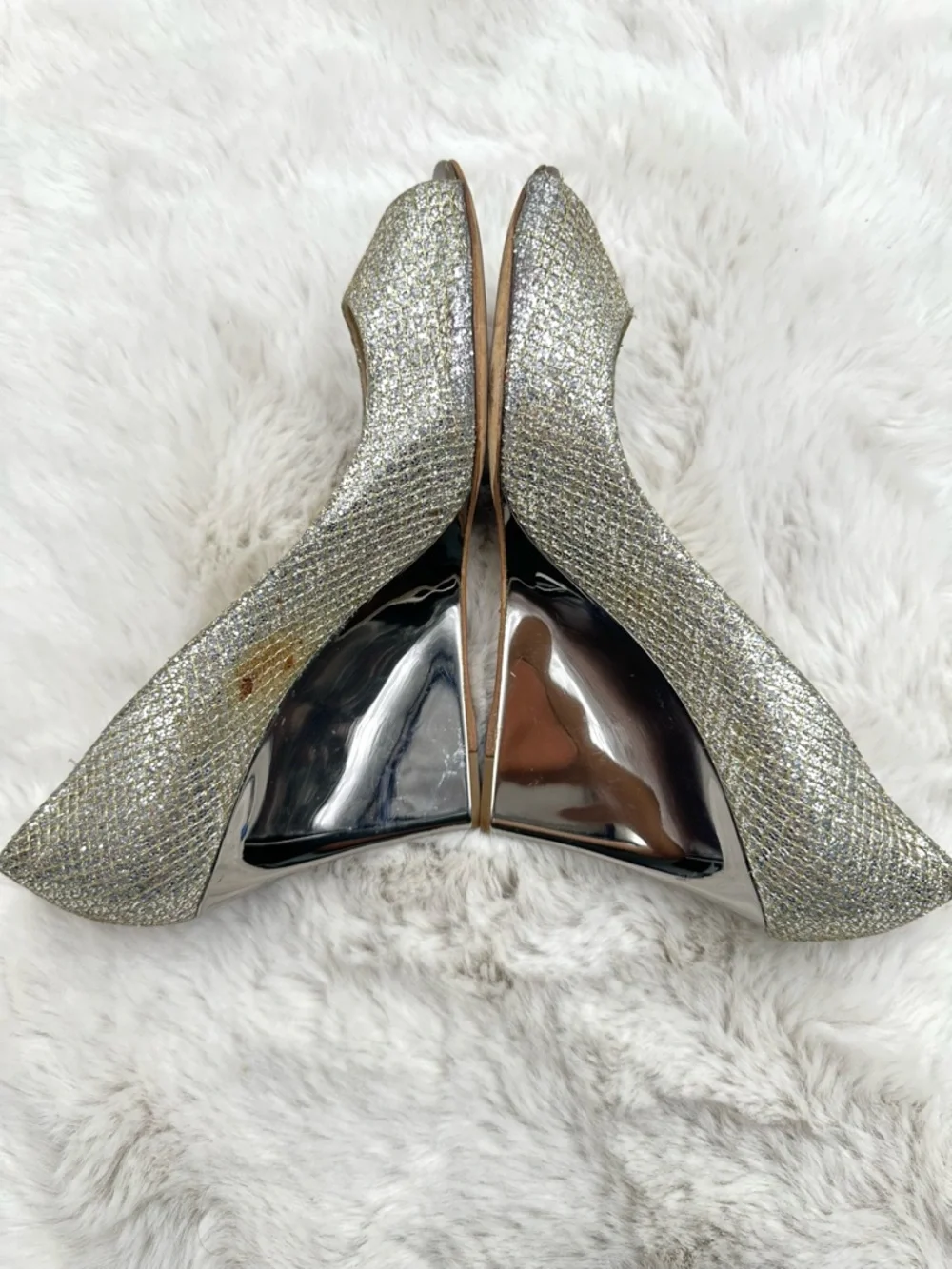 Jimmy Choo Isabel Champagne Glitter Peep Toe Pumps 40.5 US 10.5 Gold Heels